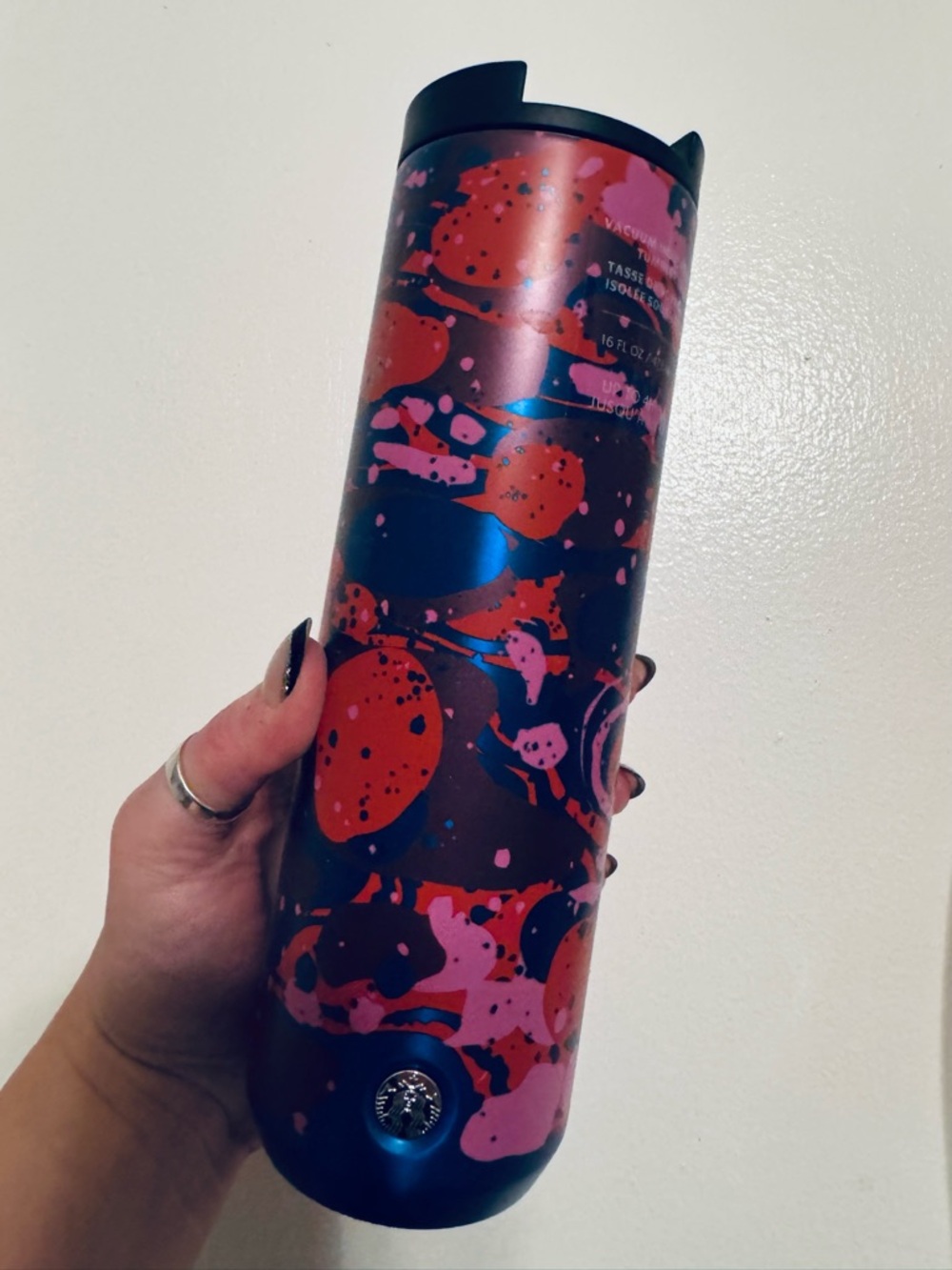 Starbucks Blue Travel Tumbler with Pink & Red Splash